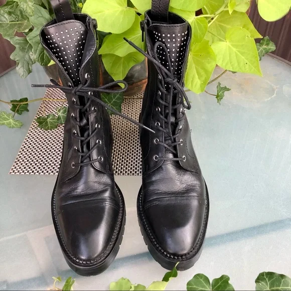 Zara Black Leather Combat Boots with Silver Studded Tongue - Picture 1 of 10